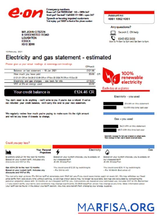 Realistic United Kingdom E.ON utility bill template in Word and PDF format, version 3 (2)